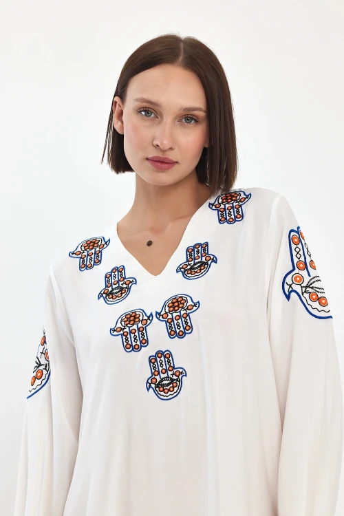 Maxi Boy Beyaz Nakış İşlemeli Dokuma Viscon Elbise BCVL-251044