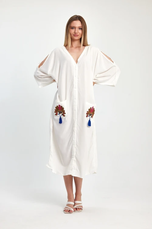 Maxi Boy Beyaz Nakış İşlemeli Dokuma Viscon Elbise BCVL-252829