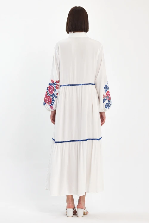 Maxi Boy Beyaz Nakış İşlemeli Dokuma Viscon Elbise BCVL-25967