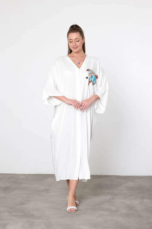 Maxi Boy Beyaz Nakış İşlemeli Dokuma Viscon Elbise BCVL-25V048