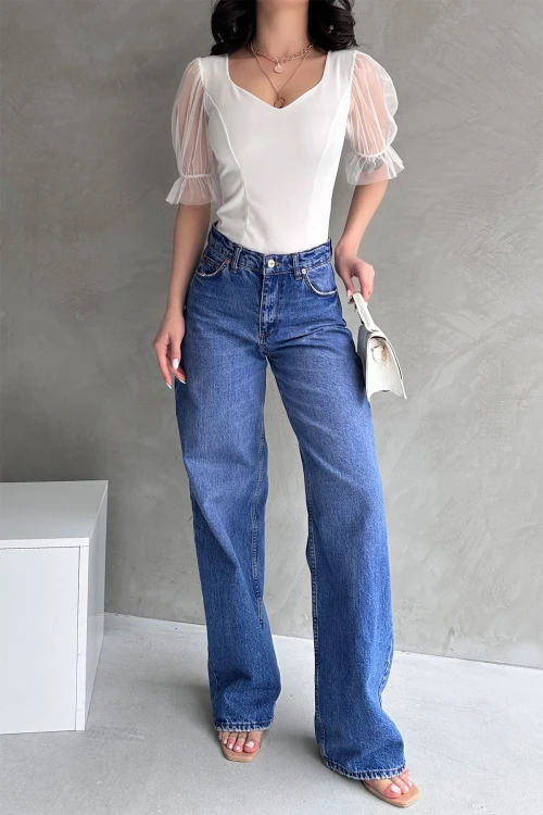 Beyaz Prenses Kol Tül Detaylı Crep Bluz BCDF-252167