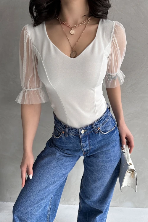 Beyaz Prenses Kol Tül Detaylı Crep Bluz BCDF-252167