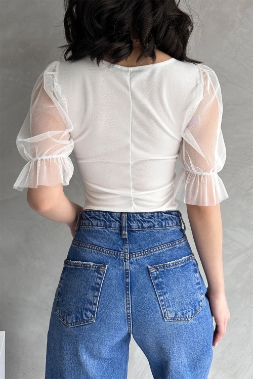 Beyaz Prenses Kol Tül Detaylı Crep Bluz BCDF-252167