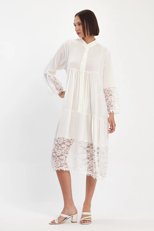 Maxi Boy Beyaz Tül Detaylı Uzun Boy Dokuma Viscon Elbise BCVL-25983