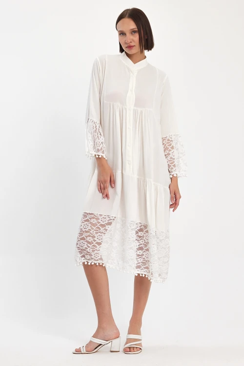 Maxi Boy Beyaz Tül Detaylı Uzun Boy Dokuma Viscon Elbise BCVL-25983