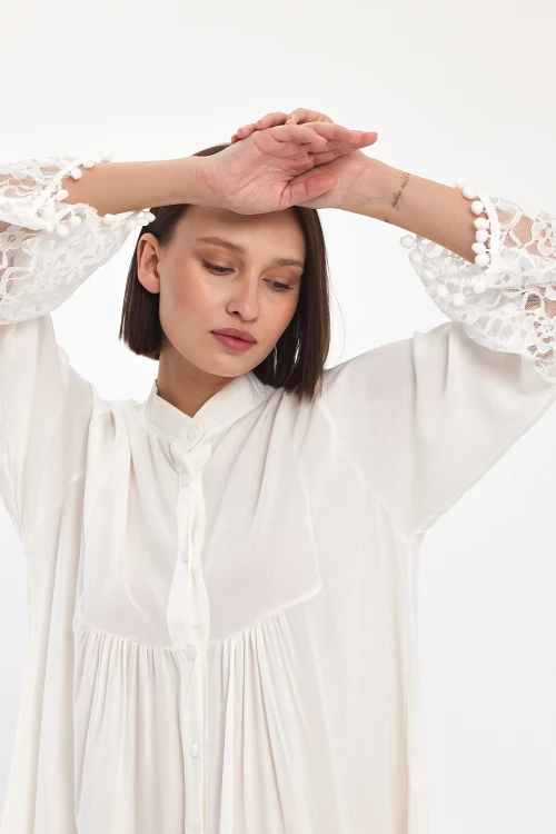 Maxi Boy Beyaz Tül Detaylı Uzun Boy Dokuma Viscon Elbise BCVL-25983