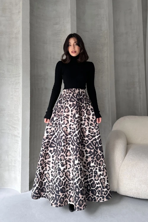 Beyaz Yüksek Bel Leopar Desenli Çan Etek BCDF-242142
