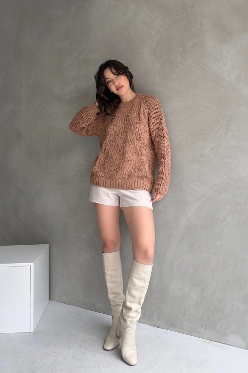 Bisküvi Bisiklet Yaka Bürümcük Detaylı Triko Kazak BC24A2041