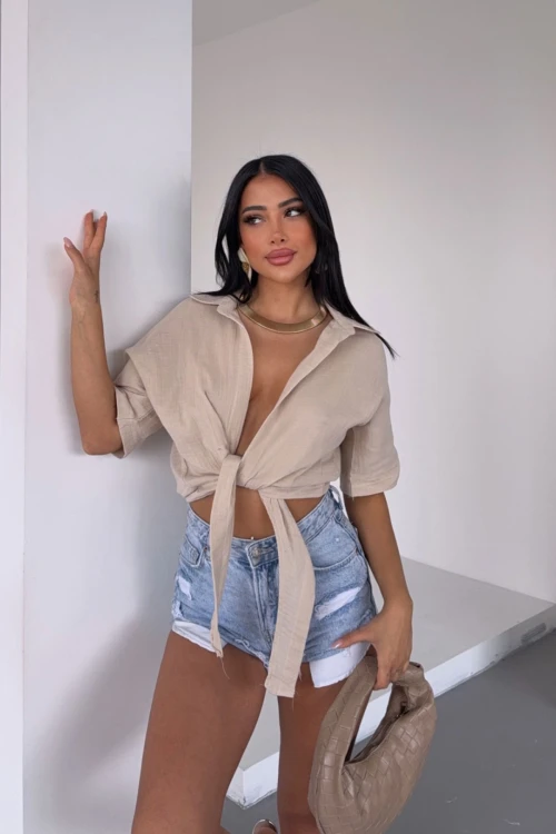 Bisküvi Müslin Keten Bağlamalı Bluz BCBT-251000