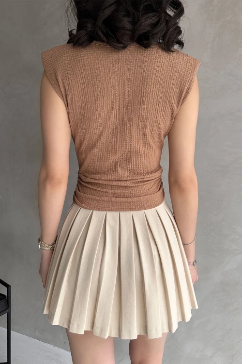 Bisküvi Omuzu Vatkalı Beli Kemerli Bürümcük Bluz BCDF-252164