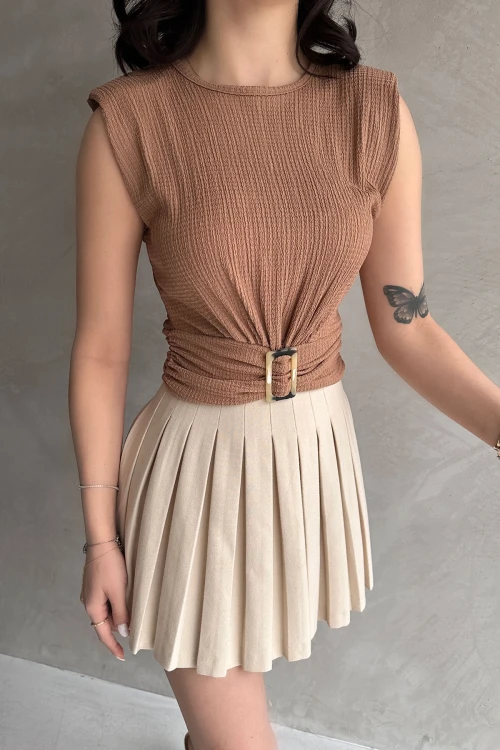 Bisküvi Omuzu Vatkalı Beli Kemerli Bürümcük Bluz BCDF-252164