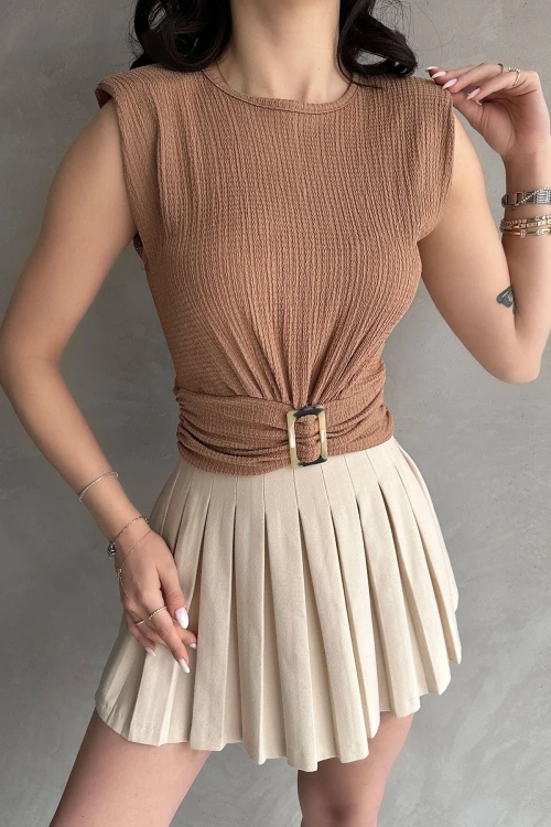 Bisküvi Omuzu Vatkalı Beli Kemerli Bürümcük Bluz BCDF-252164