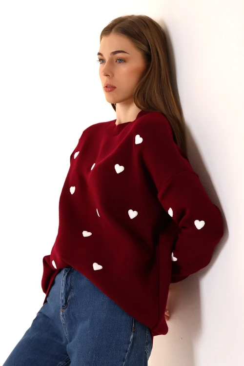 Bordo Bisiklet Yaka Kalp Desenli Kışlık Triko Kazak BCVL-T243150