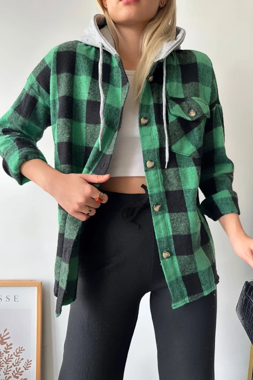 Canlı Yeşil Kapüşonlu Ekose Desenli Oversize Kaşe Gömlek BCPK-236004
