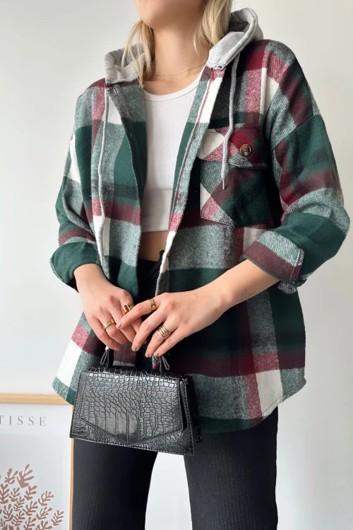 Ceviz Yeşili Kapüşonlu Ekose Desenli Oversize Kaşe Gömlek BCPK-236004