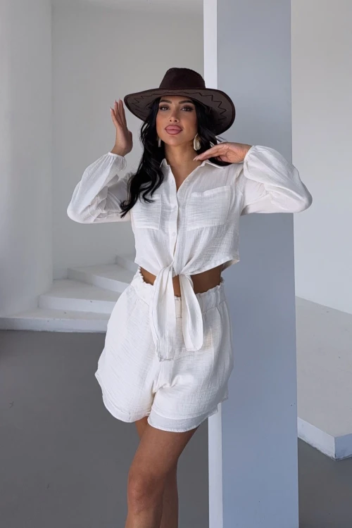 Ekru Müslin Keten Şortlu Alt Üst Takım BCBT-251001