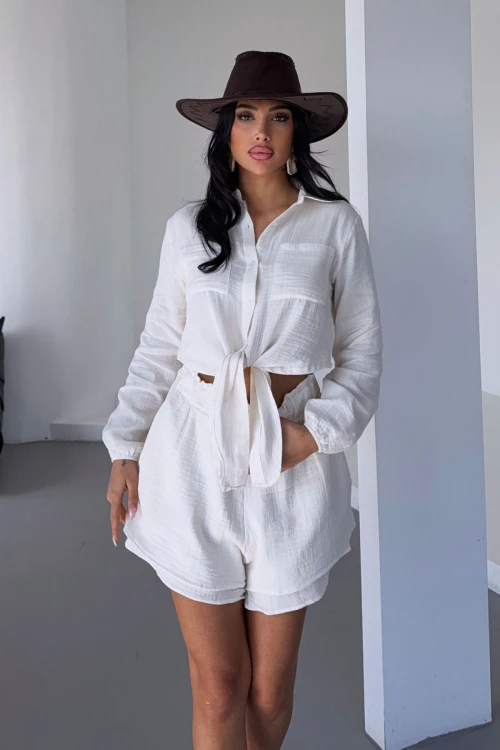 Ekru Müslin Keten Şortlu Alt Üst Takım BCBT-251001