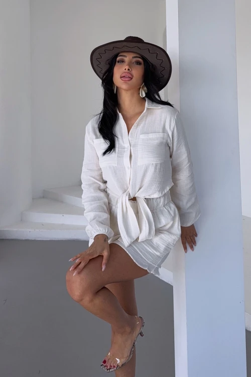 Ekru Müslin Keten Şortlu Alt Üst Takım BCBT-251001