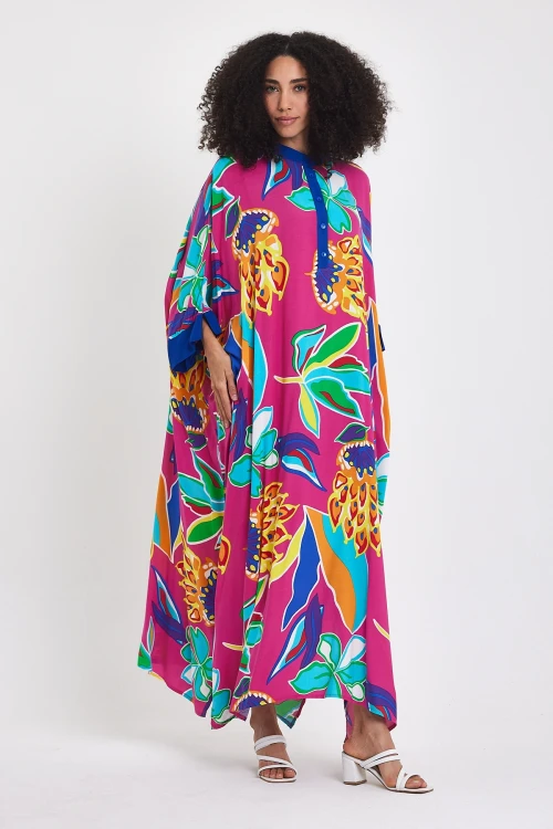 Maxi Boy Fuşya Hakim Yaka Çiçek Desenli Uzun Boy Dokuma Elbise BCVL-24969