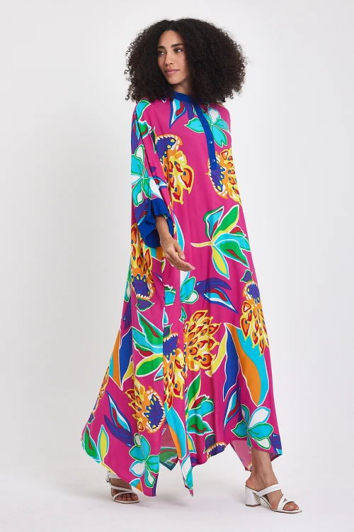 Maxi Boy Fuşya Hakim Yaka Çiçek Desenli Uzun Boy Dokuma Elbise BCVL-24969