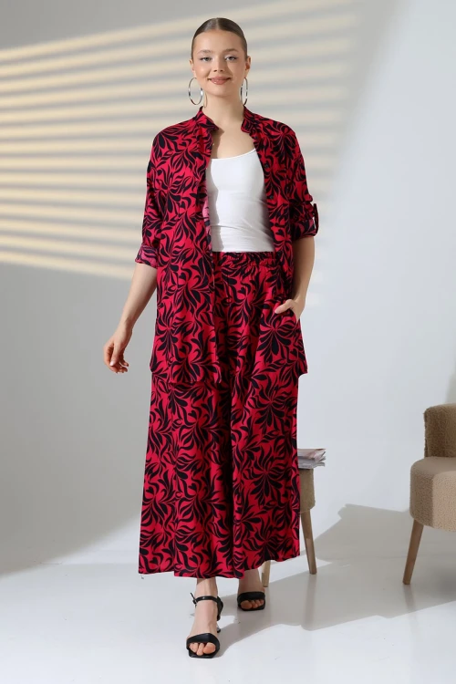 Fuşya Hakim Yaka Gömlek Ve Rahat Kesim Pantolon Dokuma Alt Üst Takım BCVL-25V053