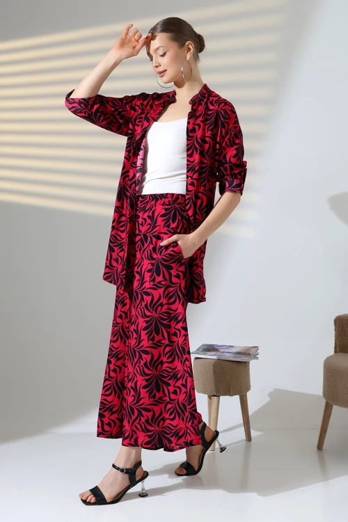 Fuşya Hakim Yaka Gömlek Ve Rahat Kesim Pantolon Dokuma Alt Üst Takım BCVL-25V053