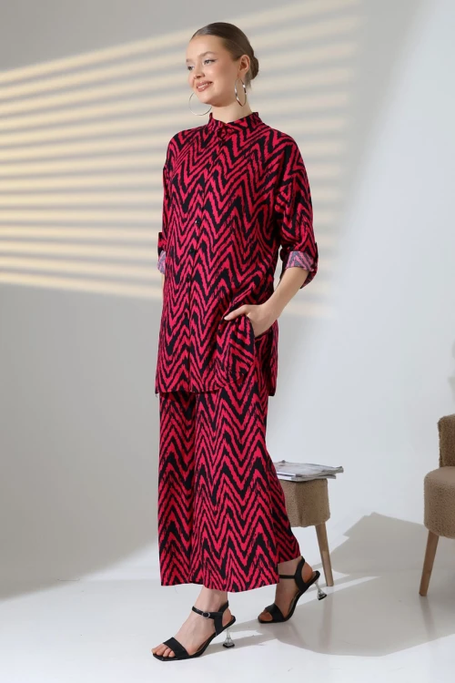 Fuşya Hakim Yaka Zigzag Desenli Gömlek Ve Pantolon Dokuma Alt Üst Takım BCVL-25V053-1