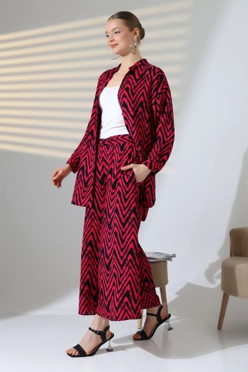 Fuşya Hakim Yaka Zigzag Desenli Gömlek Ve Pantolon Dokuma Alt Üst Takım BCVL-25V053-1