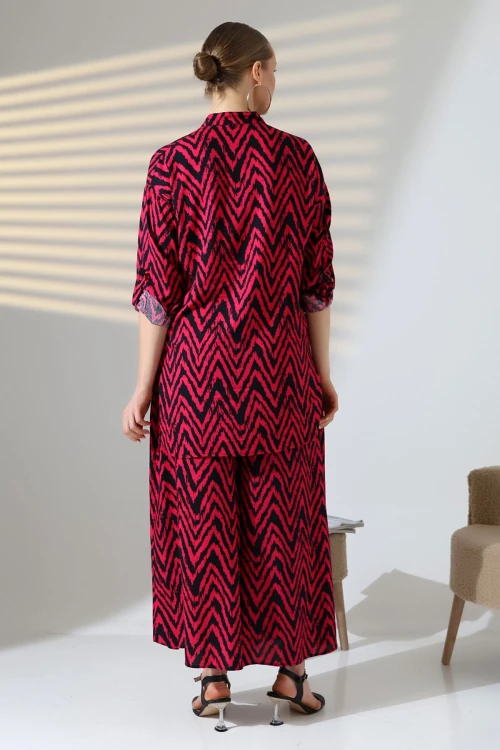Fuşya Hakim Yaka Zigzag Desenli Gömlek Ve Pantolon Dokuma Alt Üst Takım BCVL-25V053-1