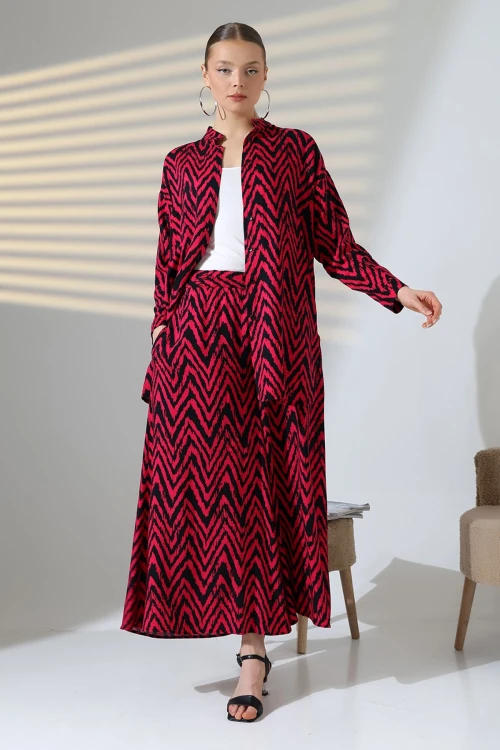 Fuşya Hakim Yaka Zigzag Desenli Gömlek Ve Pantolon Dokuma Alt Üst Takım BCVL-25V053-1