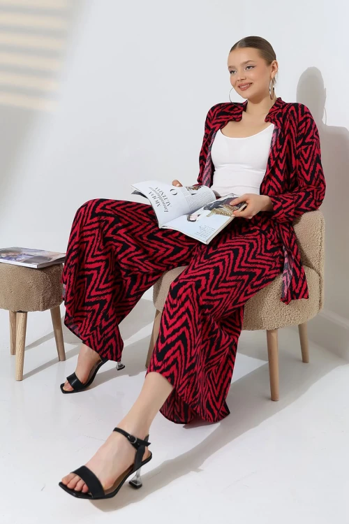 Fuşya Hakim Yaka Zigzag Desenli Gömlek Ve Pantolon Dokuma Alt Üst Takım BCVL-25V053-1