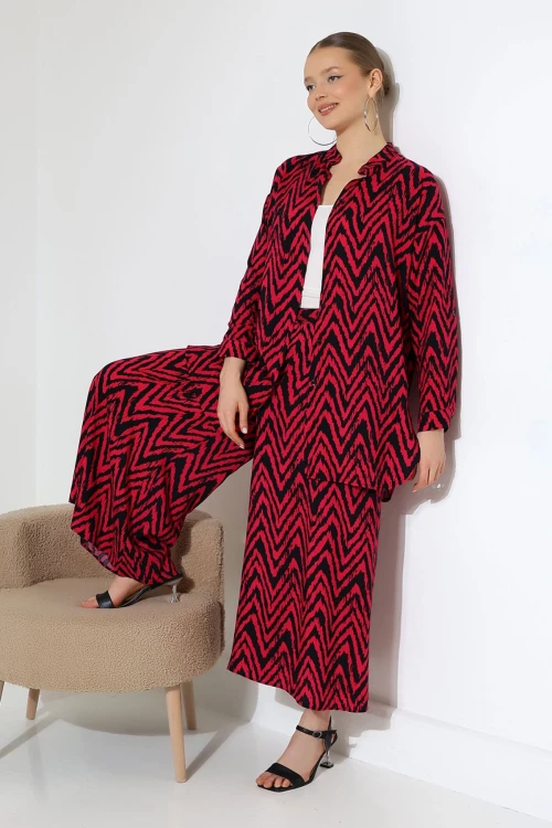 Fuşya Hakim Yaka Zigzag Desenli Gömlek Ve Pantolon Dokuma Alt Üst Takım BCVL-25V053-1