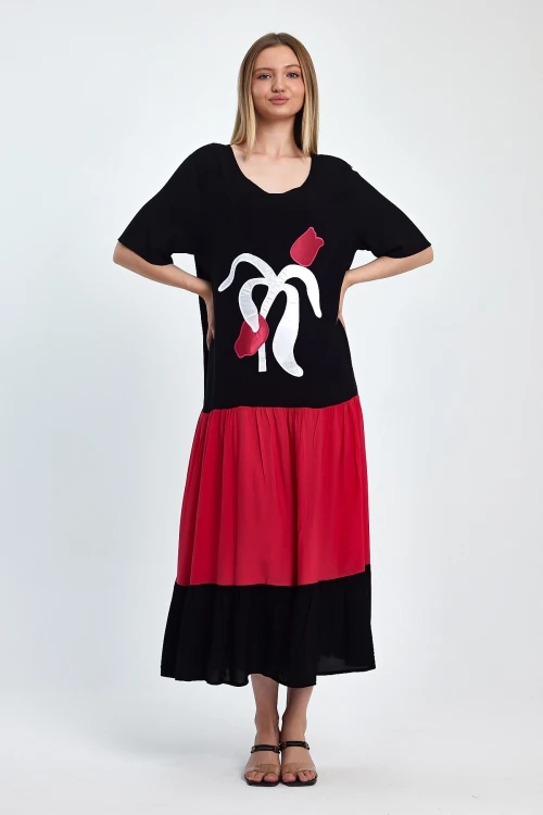 Maxi Boy Fuşya Nakış İşlemeli Dokuma Viscon Elbise BCVL-251041