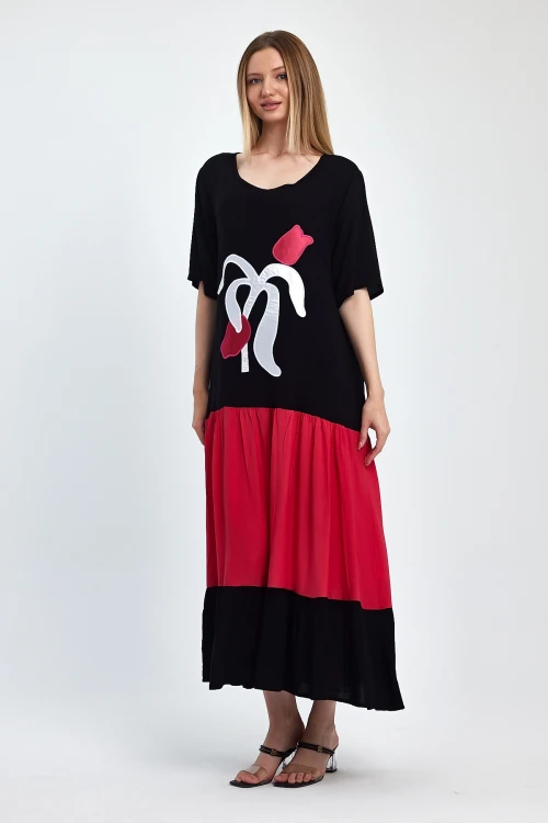 Maxi Boy Fuşya Nakış İşlemeli Dokuma Viscon Elbise BCVL-251041