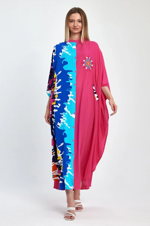 Maxi Boy Fuşya Nakış İşlemeli Dokuma Viscon Elbise BCVL-251076