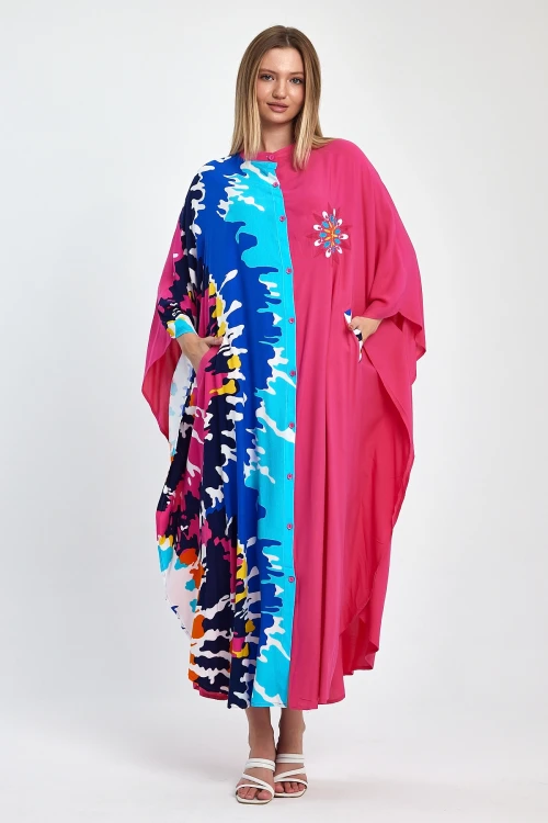 Maxi Boy Fuşya Nakış İşlemeli Dokuma Viscon Elbise BCVL-251076