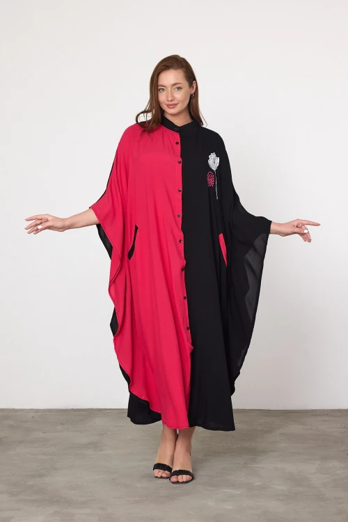 Maxi Boy Fuşya Nakış İşlemeli Dokuma Viscon Elbise BCVL-25993