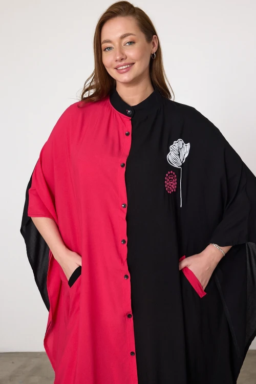 Maxi Boy Fuşya Nakış İşlemeli Dokuma Viscon Elbise BCVL-25993