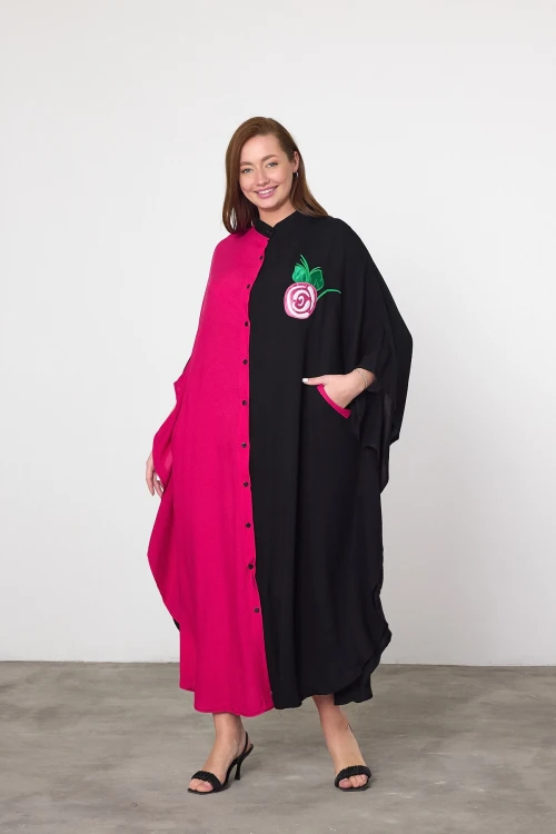 Maxi Boy Fuşya Nakış İşlemeli Dokuma Viscon Elbise BCVL-25994