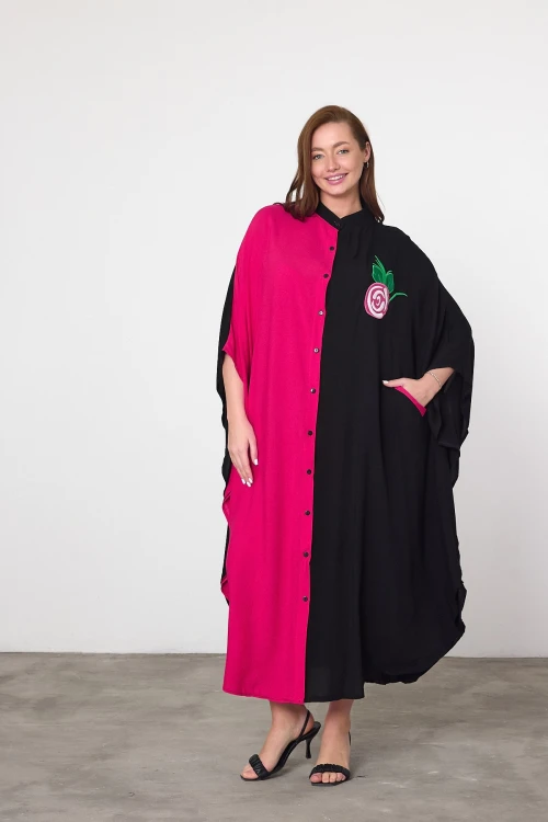 Maxi Boy Fuşya Nakış İşlemeli Dokuma Viscon Elbise BCVL-25994