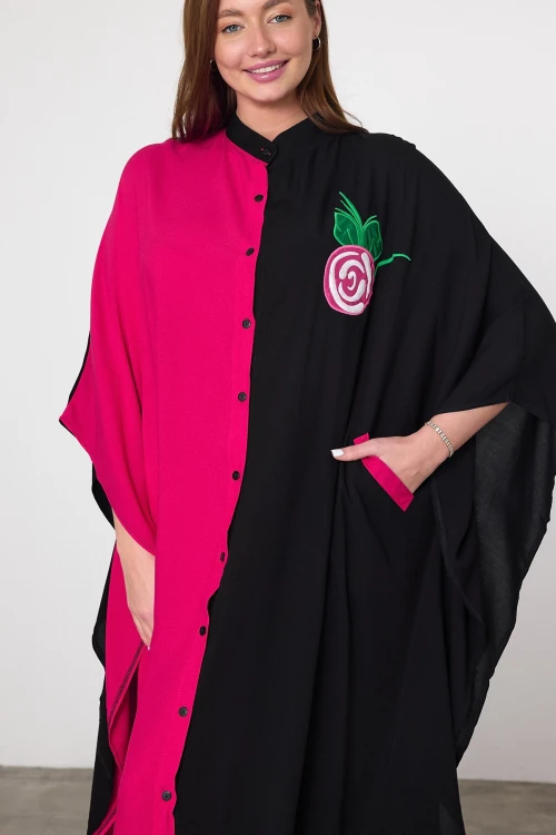 Maxi Boy Fuşya Nakış İşlemeli Dokuma Viscon Elbise BCVL-25994