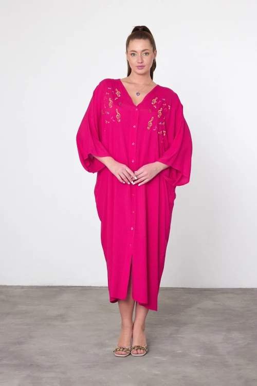 Maxi Boy Fuşya Nakış İşlemeli Dokuma Viscon Elbise BCVL-25V040