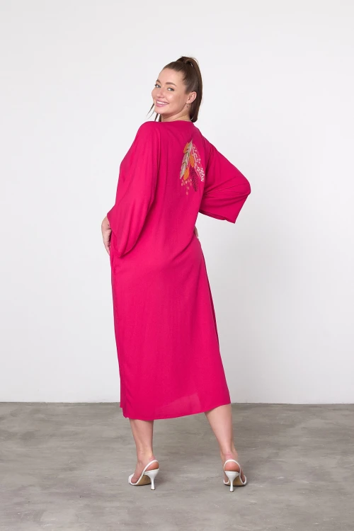 Maxi Boy Fuşya Nakış İşlemeli Dokuma Viscon Elbise BCVL-25V039