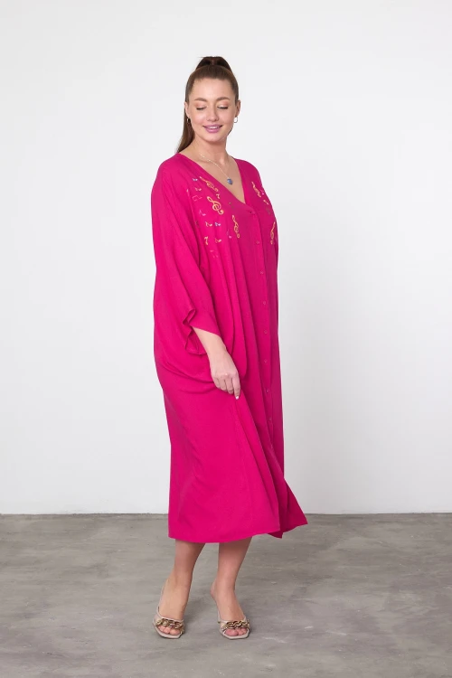 Maxi Boy Fuşya Nakış İşlemeli Dokuma Viscon Elbise BCVL-25V040