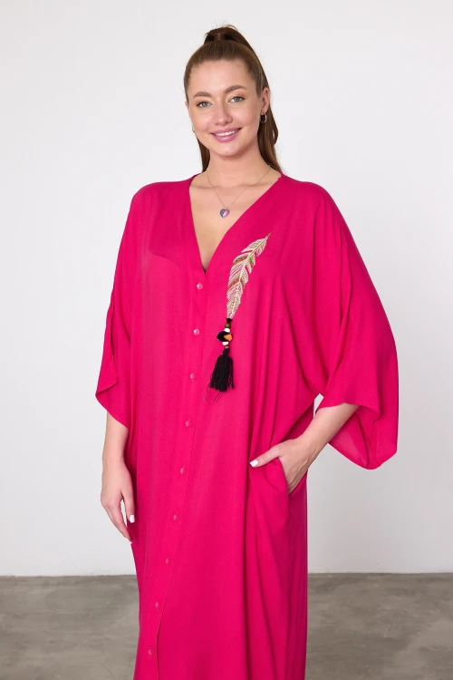Maxi Boy Fuşya Nakış İşlemeli Dokuma Viscon Elbise BCVL-25V039