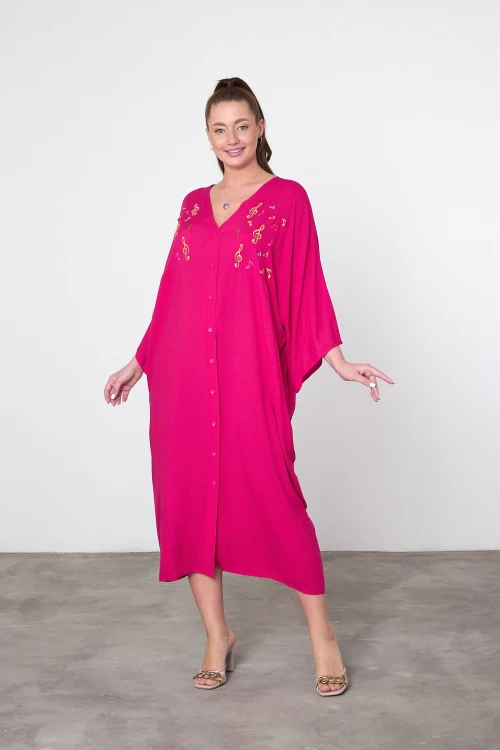 Maxi Boy Fuşya Nakış İşlemeli Dokuma Viscon Elbise BCVL-25V040