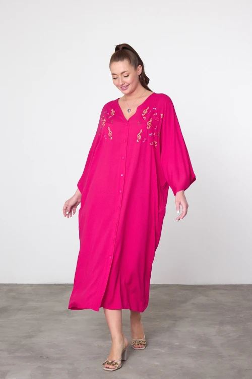 Maxi Boy Fuşya Nakış İşlemeli Dokuma Viscon Elbise BCVL-25V040