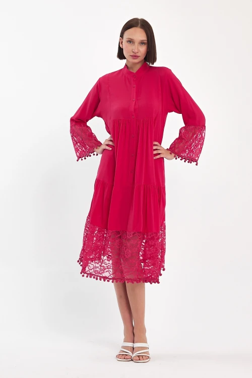 Maxi Boy Fuşya Tül Detaylı Uzun Boy Dokuma Viscon Elbise BCVL-25983