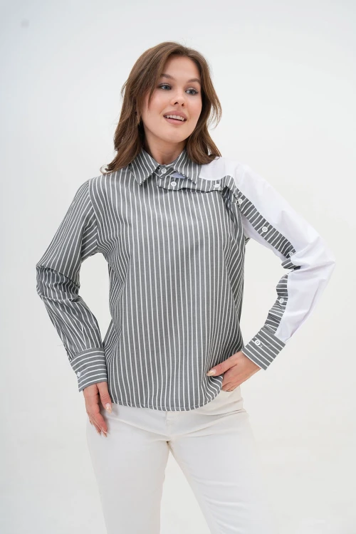 Gri Özel Tasarım Çizgili Poplin Dokuma Gömlek BC24YG1069