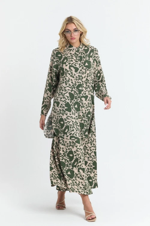 Haki Çiçek Desenli Uzun Tunik Ve Pantolon Dokuma Viscon Alt Üst Takım BCVL-25V053-2